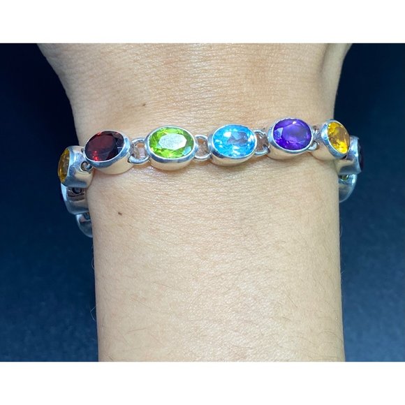 Doug Paulus 925 Multi Gemstone Bracelet Chain Link Designer Signed 7 inches Fine - Picture 4 of 7